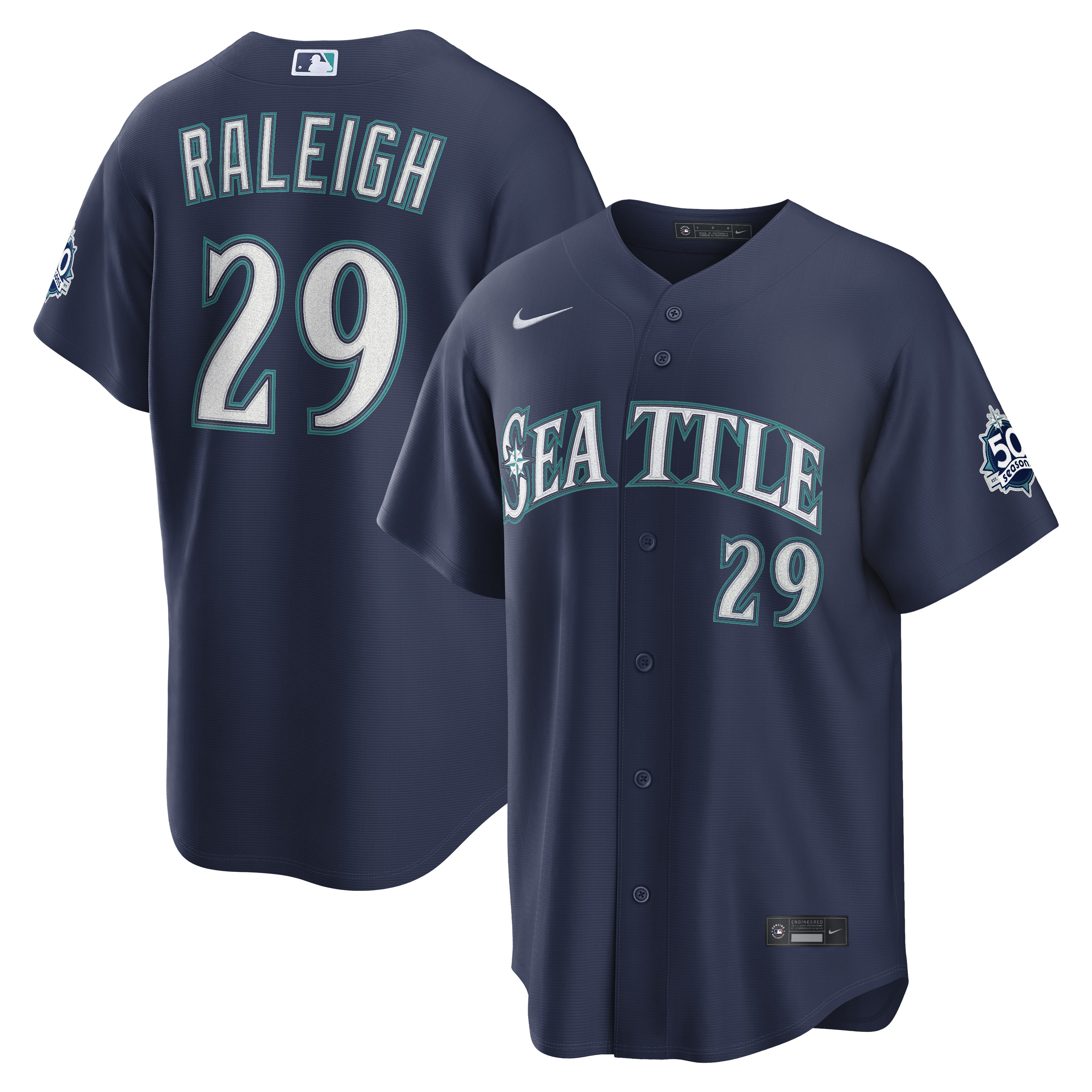 Cal Raleigh Seattle Mariners Road Stadium 50th Season Patch Jersey - Navy | Stitched Baseball Jersey TJS0052