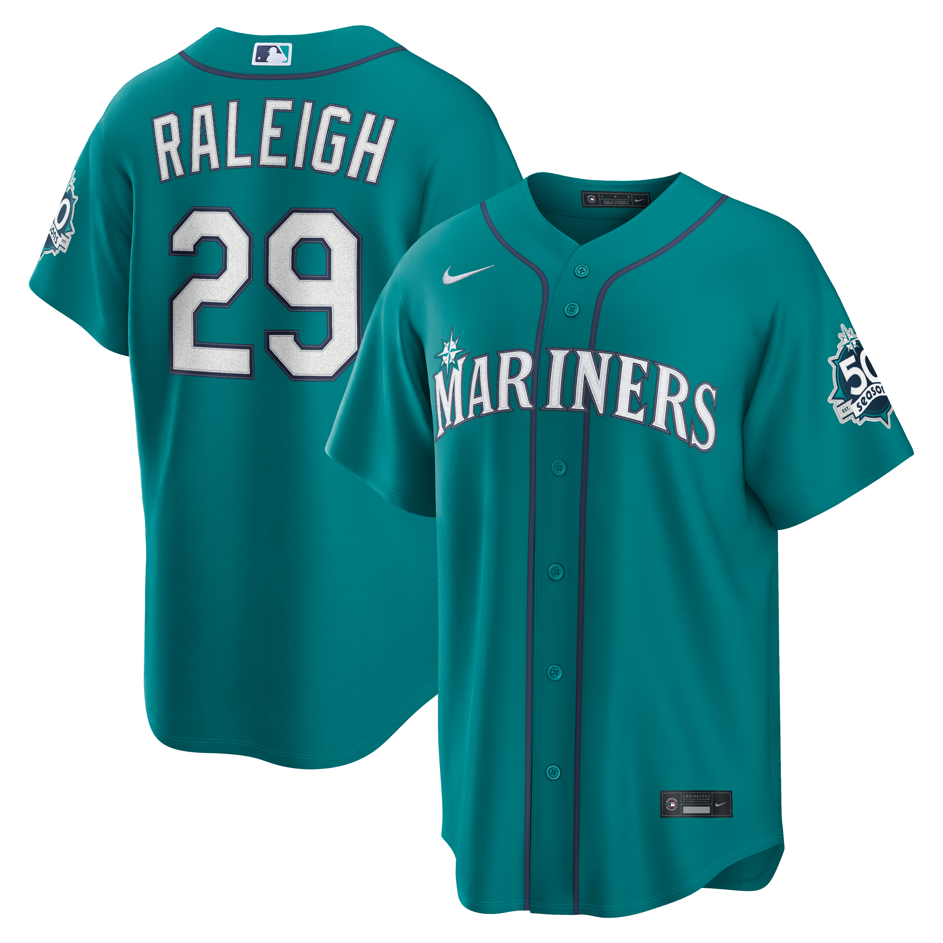 Cal Raleigh Seattle Mariners Alternate 50th Season Patch Stadium Jersey - Teal | Stitched Baseball Jersey TJS0199