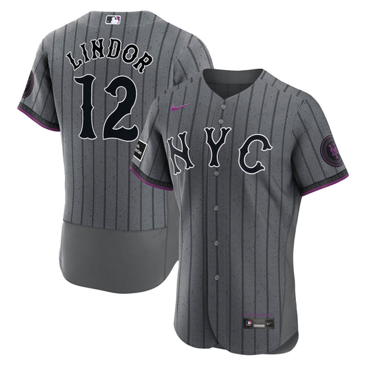 Francisco Lindor New York Mets City Connect Sponsor Patch Jersey - Gray | Stitched Baseball Jersey TJS0311