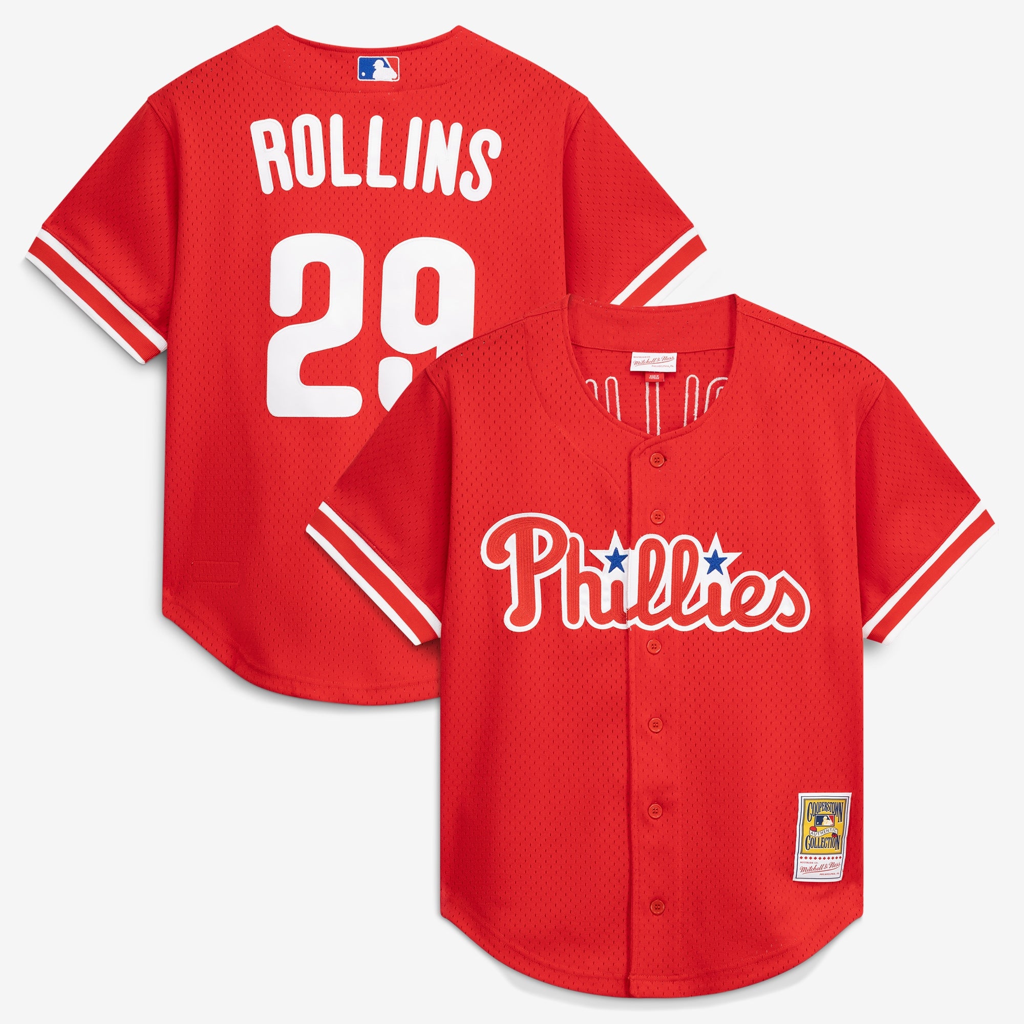 Jimmy Rollins Philadelphia Phillies M & N Cooperstown Mesh Batting Practice Button-Up Jersey - Red | Stitched Baseball Jersey TJS0588