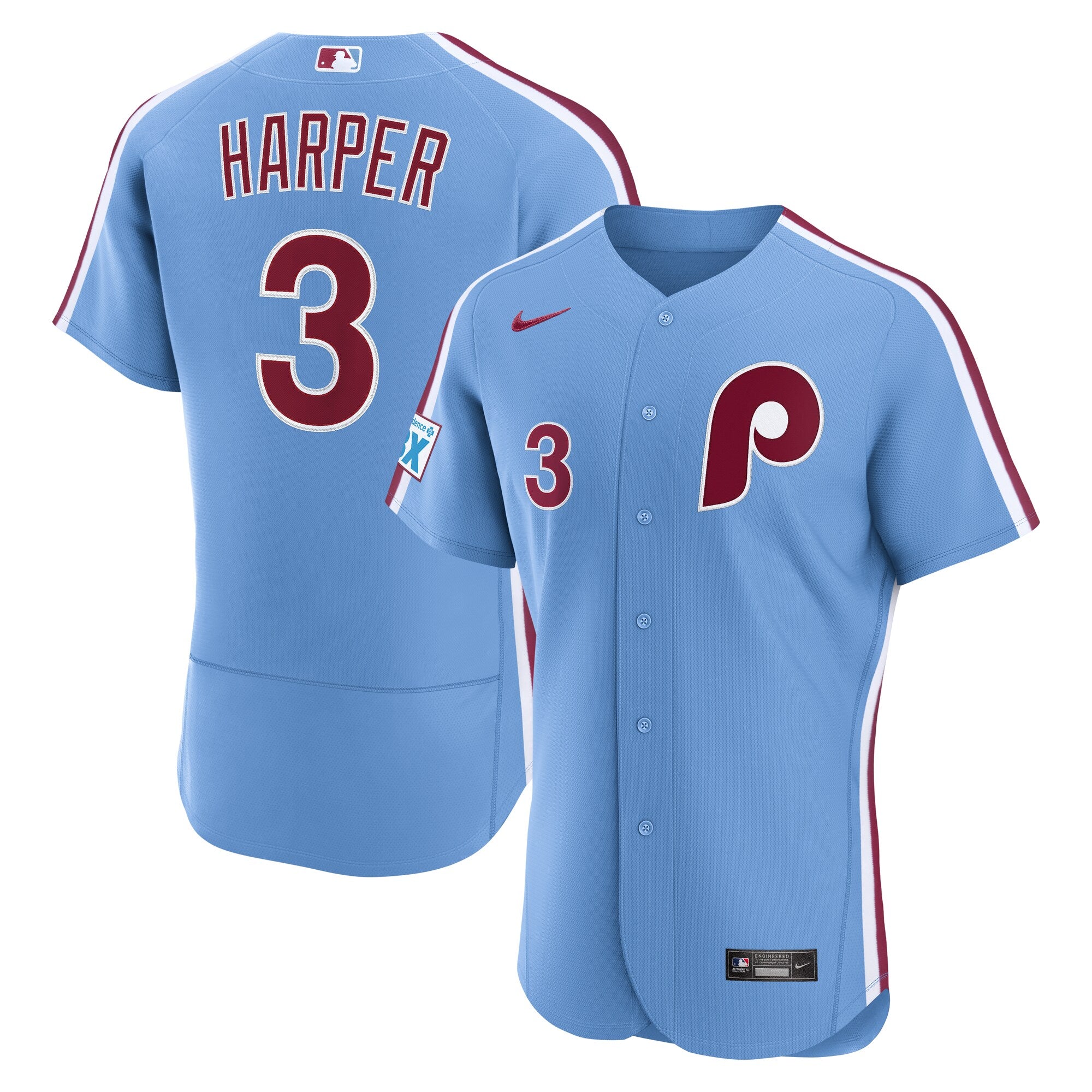 Bryce Harper Philadelphia Phillies Alternate Sponsor Patch Jersey - Light Blue | Stitched Baseball Jersey TJS0752