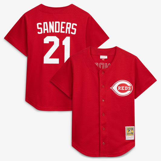 Deion Sanders Cincinnati Reds M & N Cooperstown Mesh Batting Practice Button-Up Jersey - Red | Stitched Baseball Jersey TJS0601