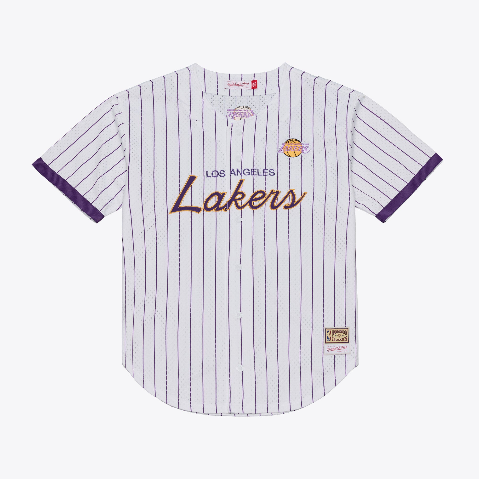 Los Angeles Lakers M & N Head Coach Pinstripe Mesh Full-Button Baseball Jersey - White Basketball TJS0121