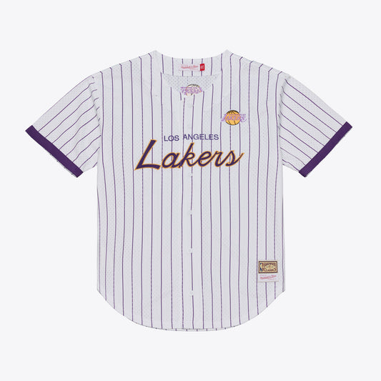 Los Angeles Lakers M & N Head Coach Pinstripe Mesh Full-Button Baseball Jersey - White Basketball TJS0121