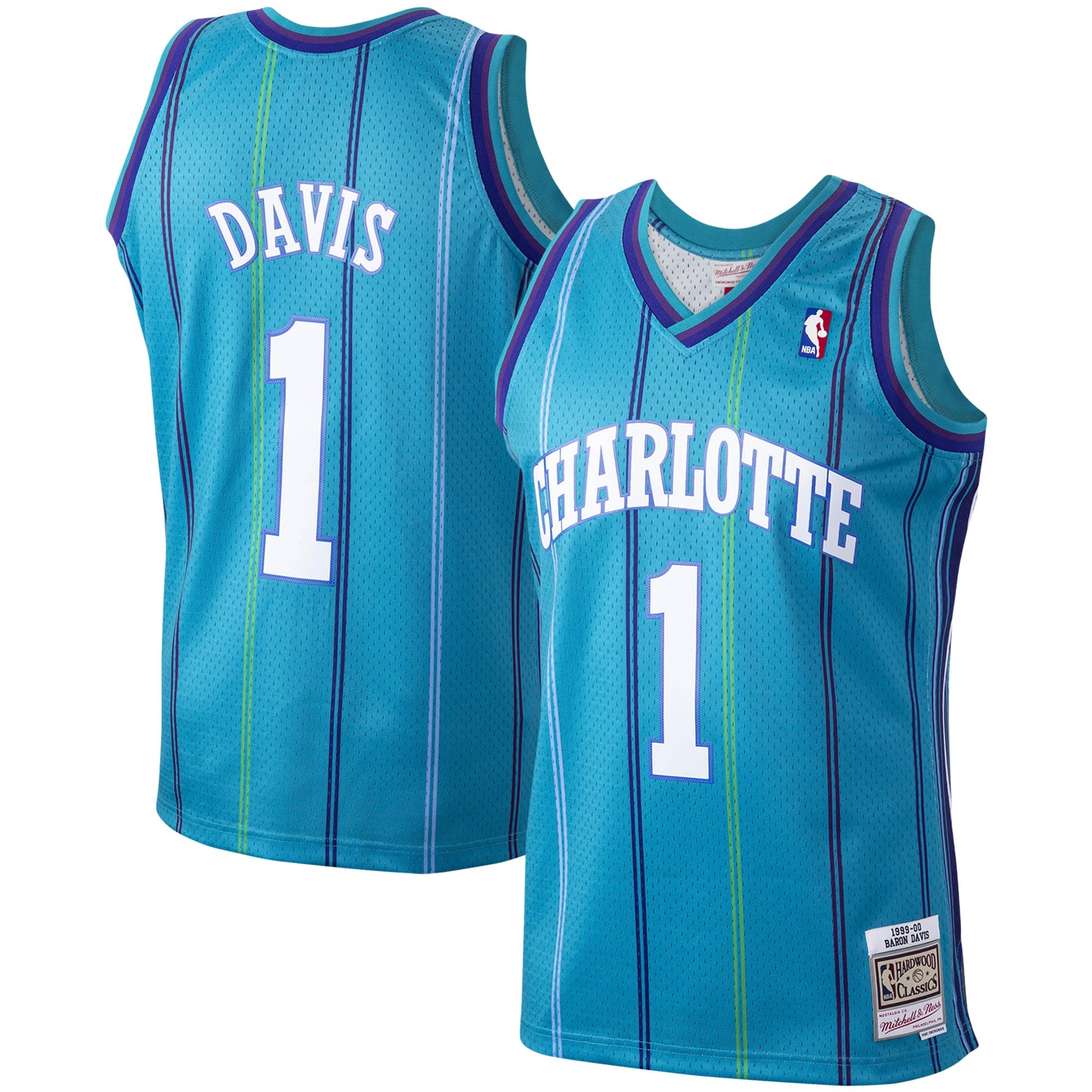 Baron Davis Charlotte Hornets M & N 1999/00 Hardwood Classics Swingman Jersey - Teal Basketball TJS0462