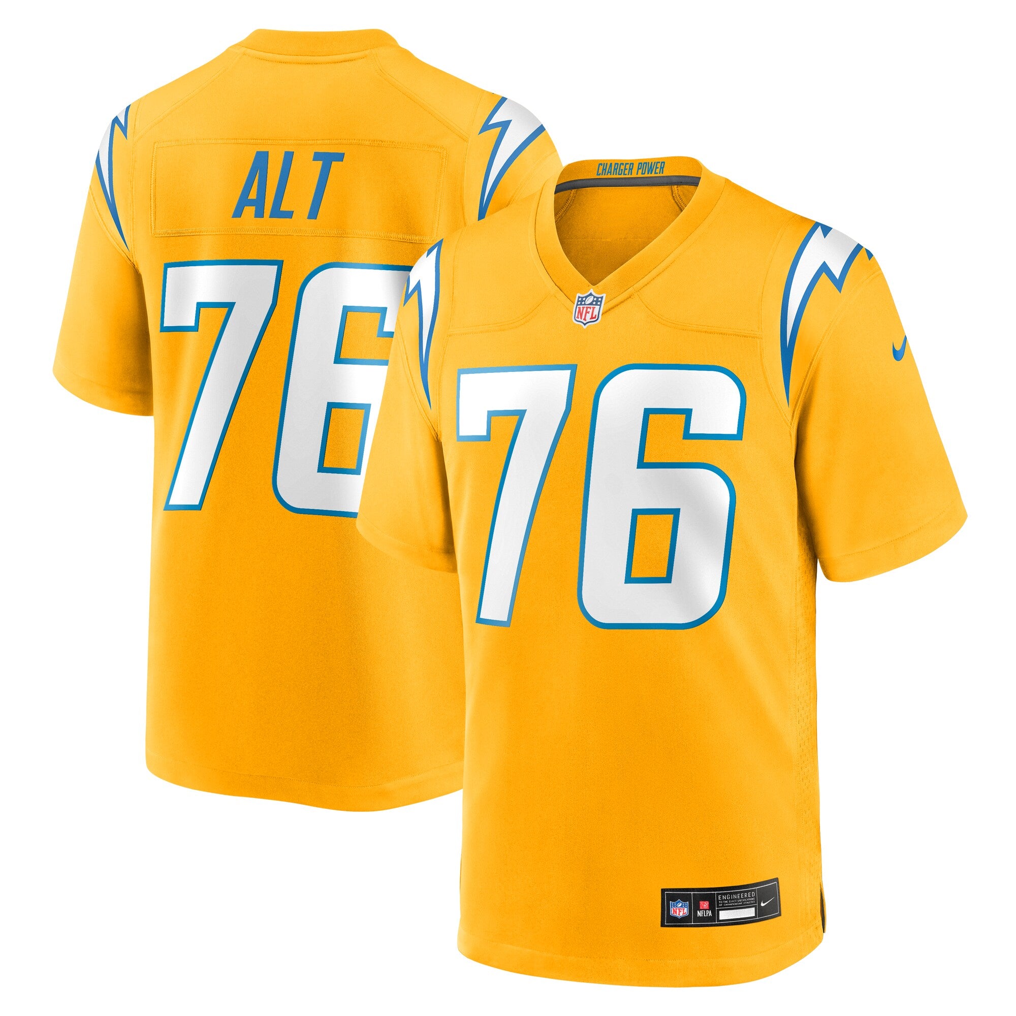 Joe Alt Los Angeles Chargers Alternate Charger Power Game Player Jersey - Gold | Stitched Football Jersey TJS0442