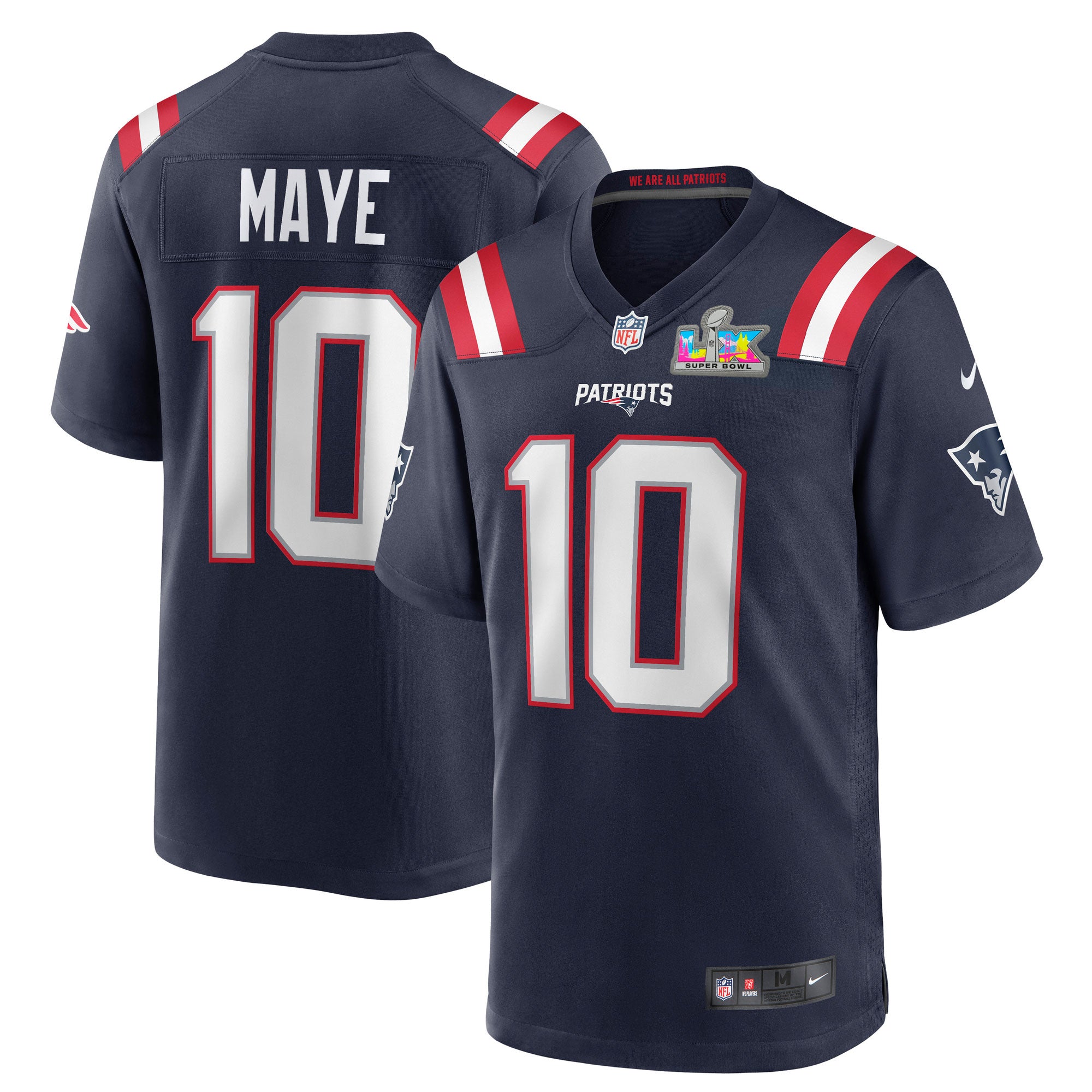 Drake Maye New England Patriots Super Bowl LX Patch Game Jersey - Navy | Stitched Football Jersey TJS0795