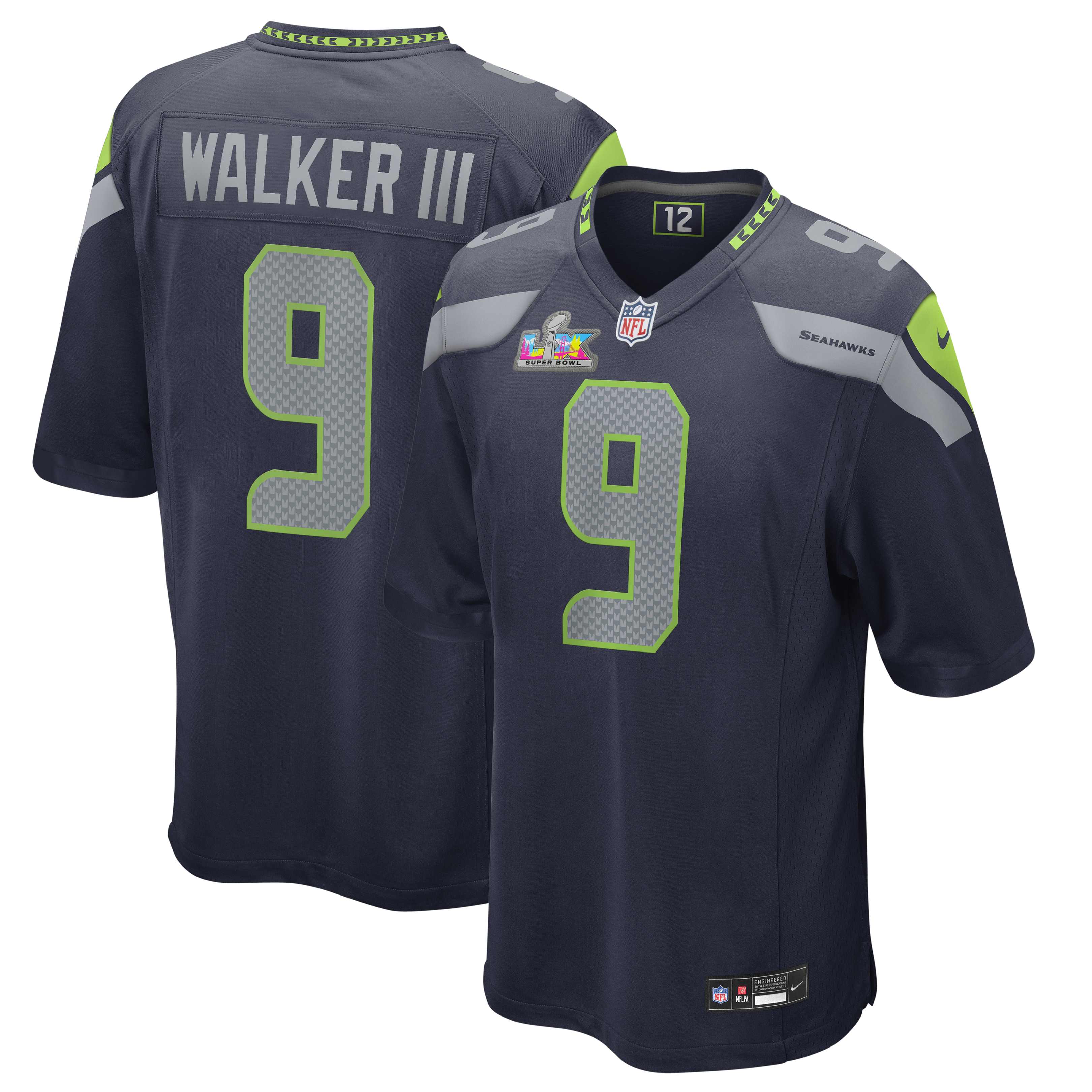 Kenneth Walker III Seattle Seahawks Super Bowl LX Patch Game Jersey - College Navy | Stitched Football Jersey TJS2032