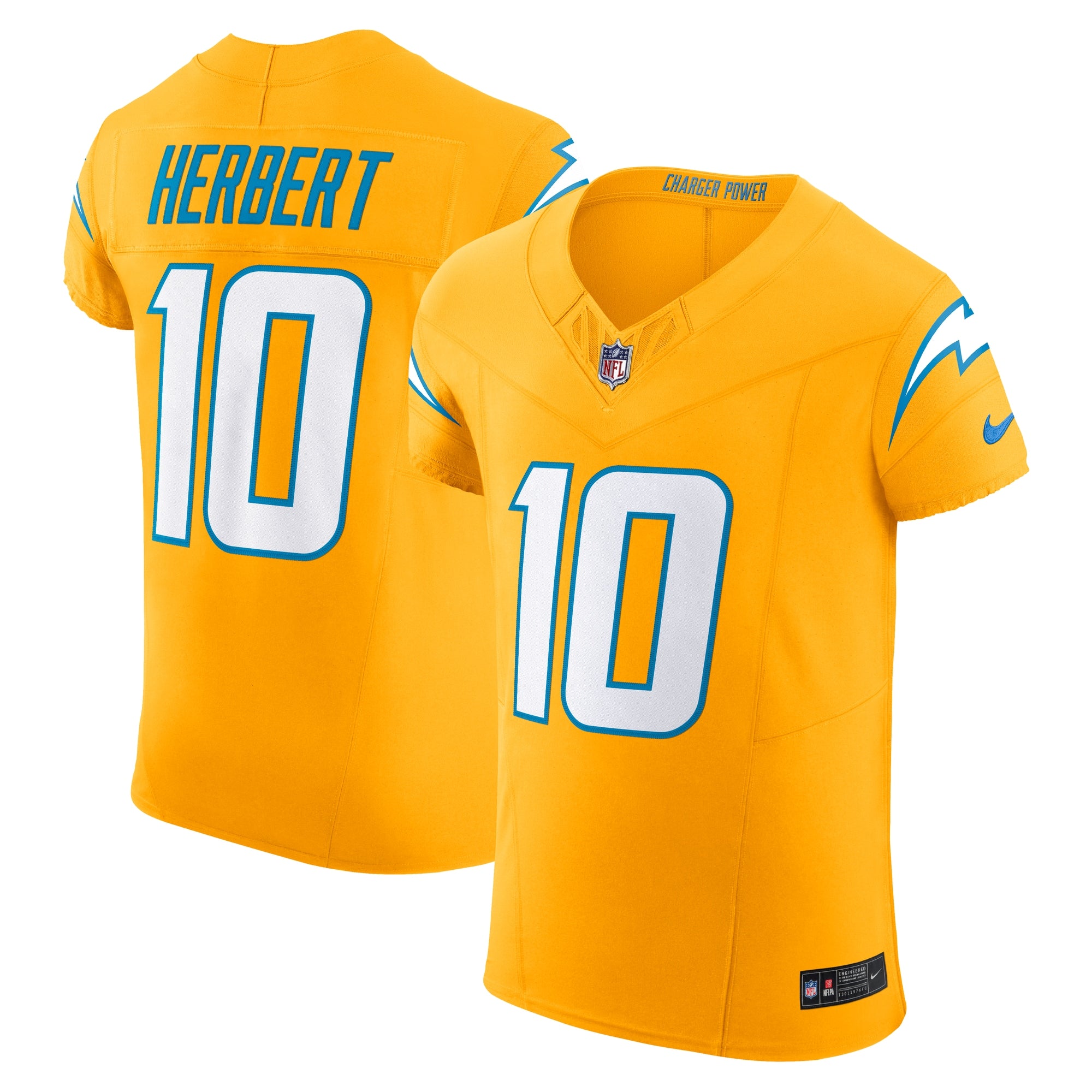 Justin Herbert Los Angeles Chargers Alternate Charger Power Vapor F.U.S.E. Elite Jersey - Gold | Stitched Football Jersey TJS2412