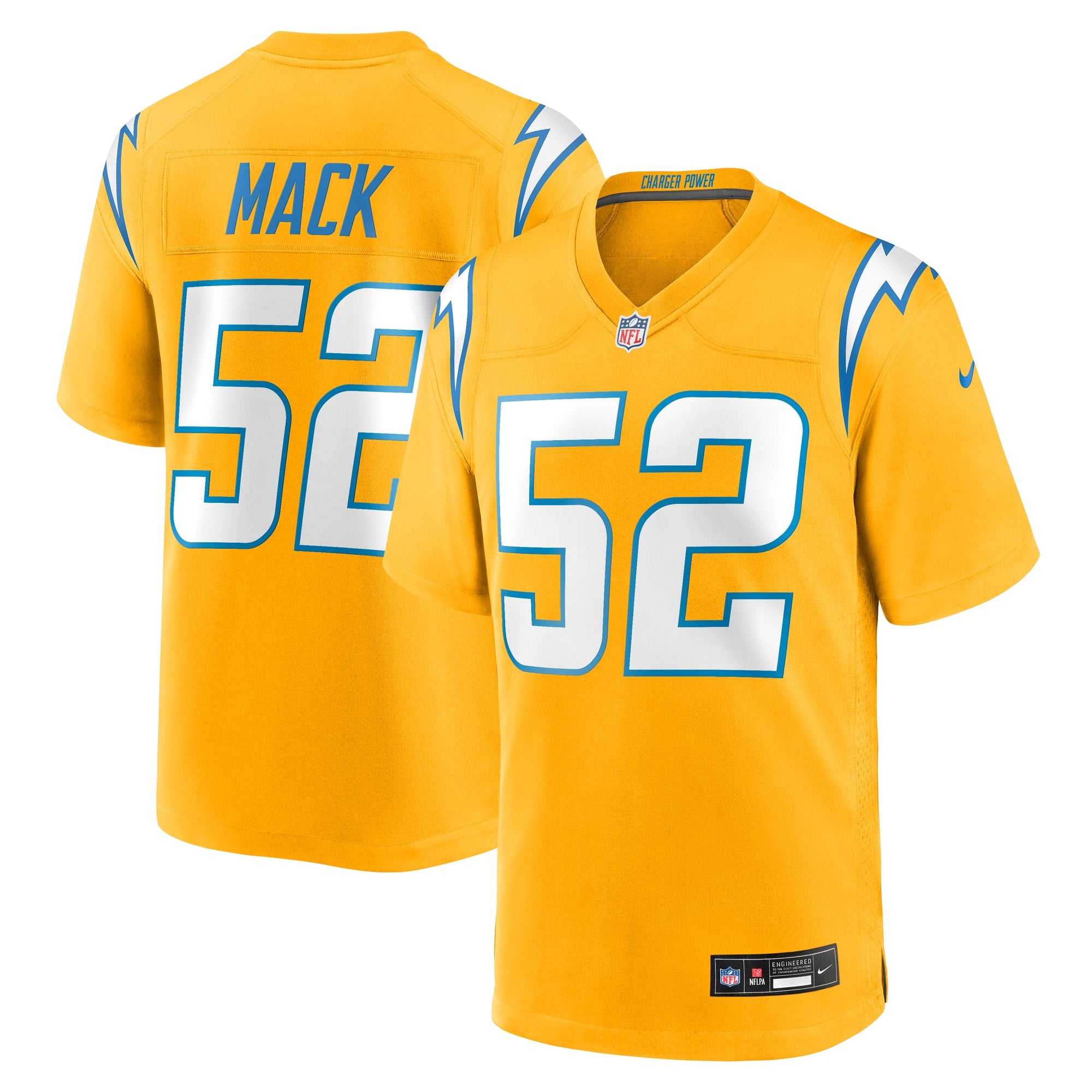 Khalil Mack Los Angeles Chargers Alternate Charger Power Game Player Jersey - Gold | Stitched Football Jersey TJS2265