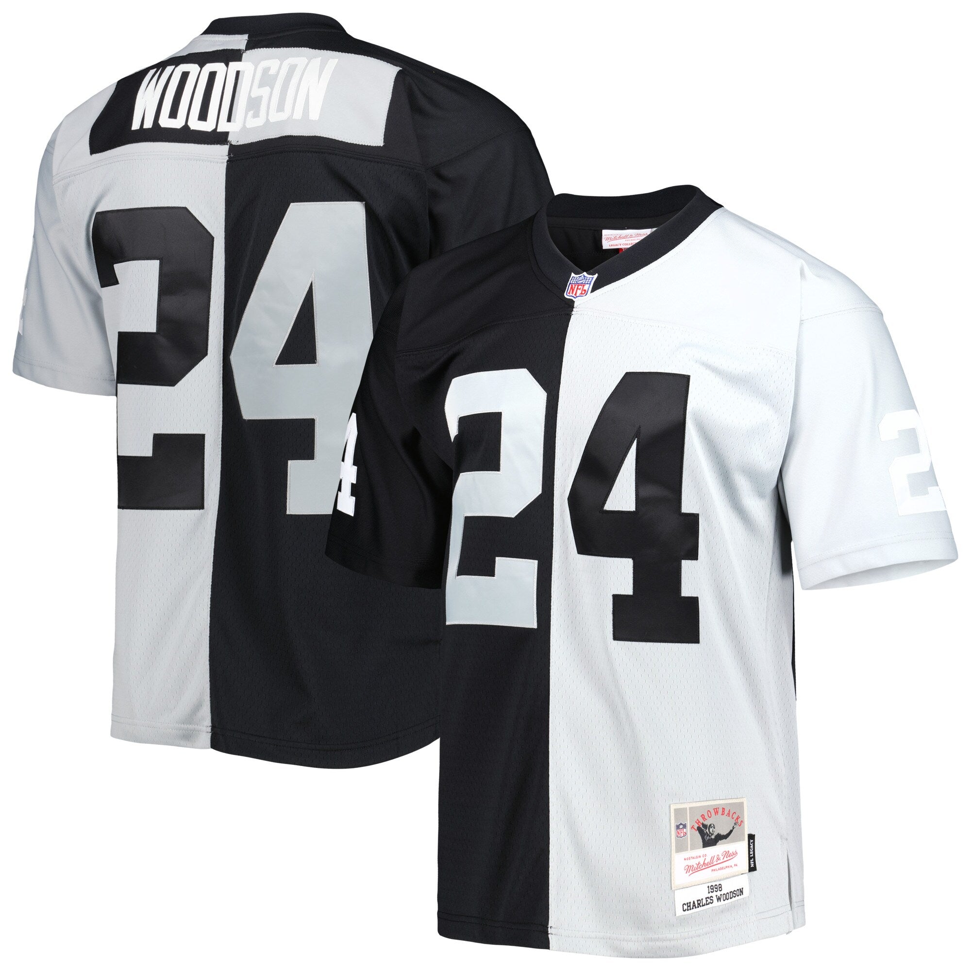 Charles Woodson Las Vegas Raiders M & N 1998 Split Legacy Replica Jersey - Black/Silver | Stitched Football Jersey TJS2769