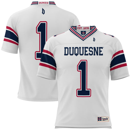 #1 Duquesne Dukes GameDay Greats Football Jersey - White | Stitched College Jersey TJS73236