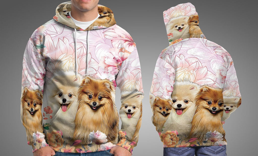 Pomeranian With Pink Flower Pullover Unisex 3D Hoodie All Over Print